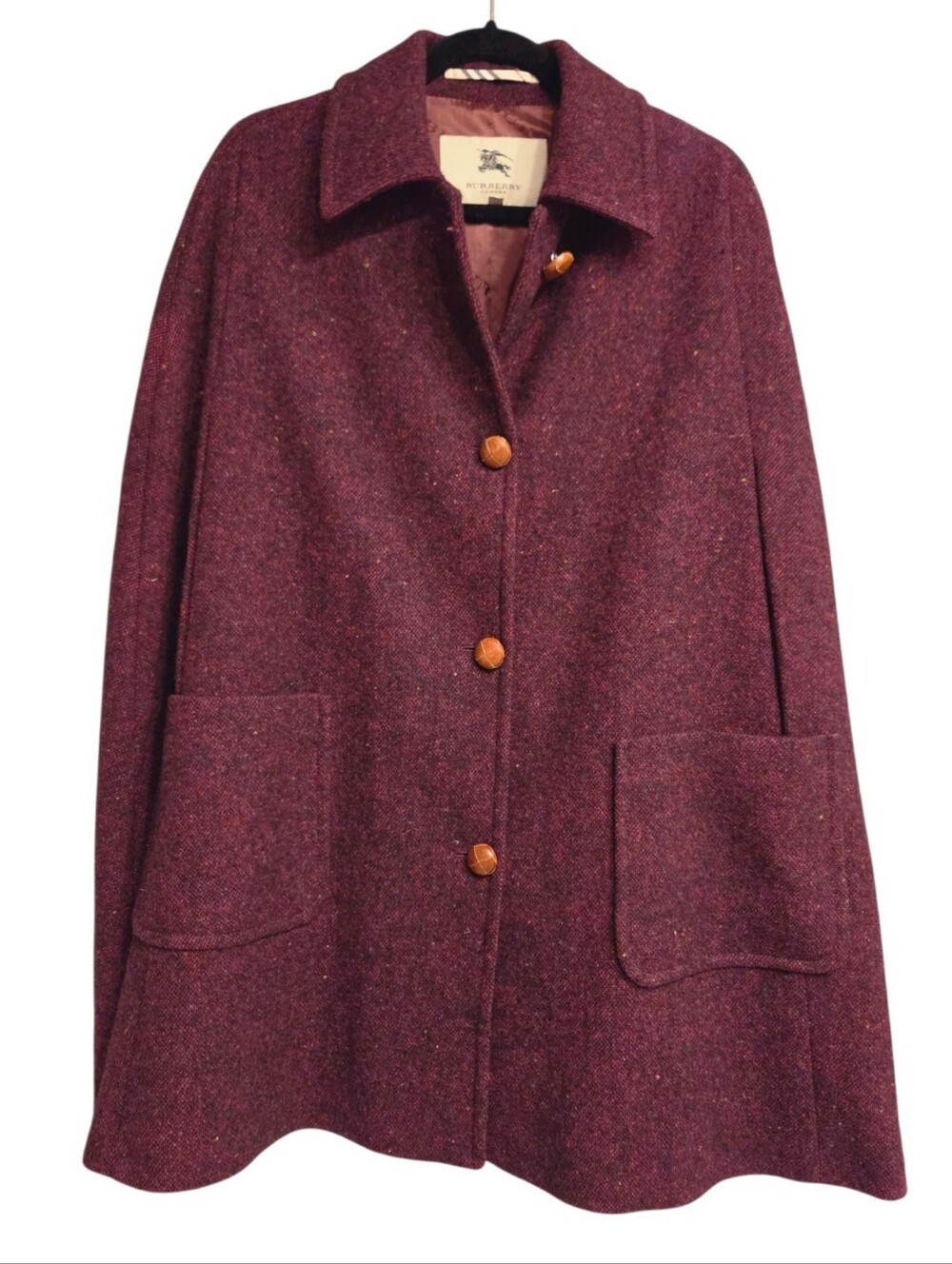 Burberry London Lambswool Burgundy Tweed Cape Size M